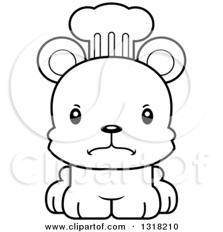Animal Lineart Clipart of a Cartoon Black and White Cute Mad Bear Cub Chef - Royalty Free Outline Vector Illustration by Cory Thoman