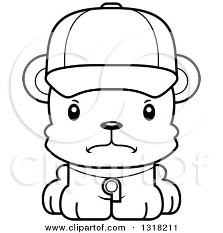 Animal Lineart Clipart of a Cartoon Black and White Cute Mad Bear Cub Coach - Royalty Free Outline Vector Illustration by Cory Thoman