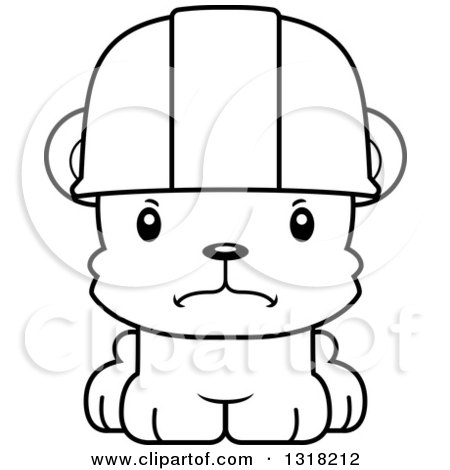 Animal Lineart Clipart of a Cartoon Black and White Cute Mad Bear Cub Construction Worker - Royalty Free Outline Vector Illustration by Cory Thoman