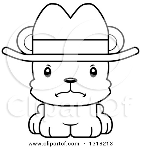 Animal Lineart Clipart of a Cartoon Black and White Cute Mad Bear Cub Wearing a Cowboy Hat - Royalty Free Outline Vector Illustration by Cory Thoman