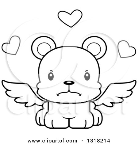 Animal Lineart Clipart of a Cartoon Black and White Cute Mad Bear Cub Cupid - Royalty Free Outline Vector Illustration by Cory Thoman