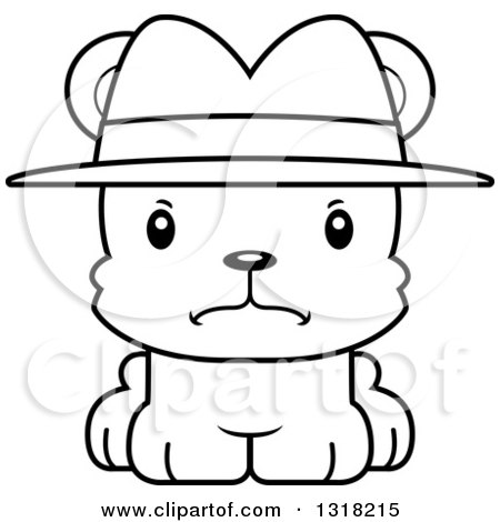 Animal Lineart Clipart of a Cartoon Black and White Cute Mad Bear Cub Detective - Royalty Free Outline Vector Illustration by Cory Thoman