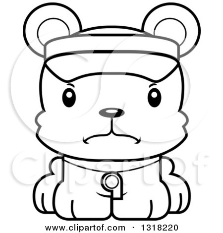 Animal Lineart Clipart of a Cartoon Black and White Cute Mad Bear Cub Lifeguard - Royalty Free Outline Vector Illustration by Cory Thoman