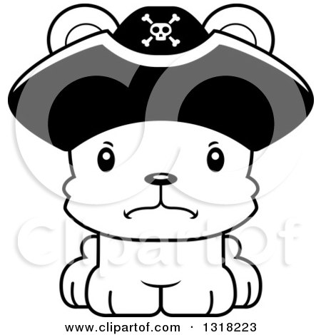 Animal Lineart Clipart of a Cartoon Black and White Cute Mad Bear Cub Pirate - Royalty Free Outline Vector Illustration by Cory Thoman