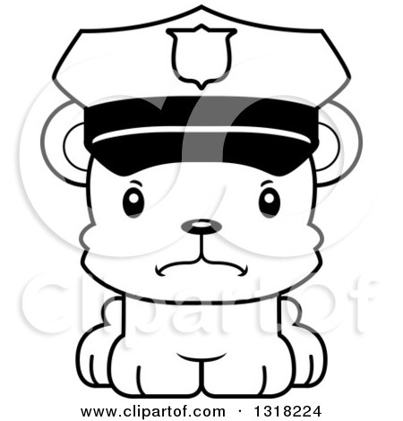 Animal Lineart Clipart of a Cartoon Black and White Cute Mad Bear Cub Police Officer - Royalty Free Outline Vector Illustration by Cory Thoman