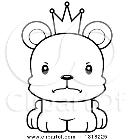 Animal Lineart Clipart of a Cartoon Black and White Cute Mad Bear Cub Prince - Royalty Free Outline Vector Illustration by Cory Thoman