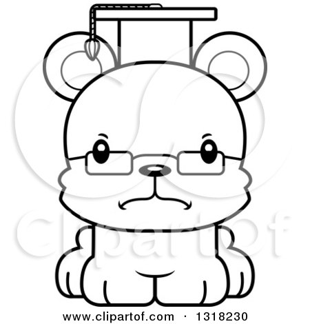 Animal Lineart Clipart of a Cartoon Black and White Cute Mad Bear Cub Professor - Royalty Free Outline Vector Illustration by Cory Thoman