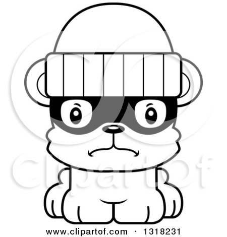 Animal Lineart Clipart of a Cartoon Black and White Cute Mad Bear Cub Robber - Royalty Free Outline Vector Illustration by Cory Thoman