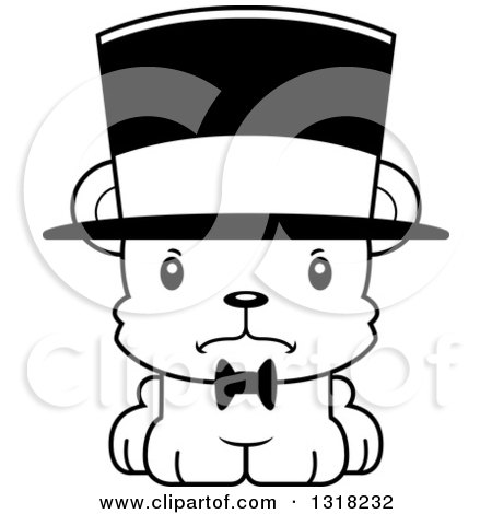 Animal Lineart Clipart of a Cartoon Black and White Cute Mad Bear Cub Gentleman Wearing a Top Hat - Royalty Free Outline Vector Illustration by Cory Thoman