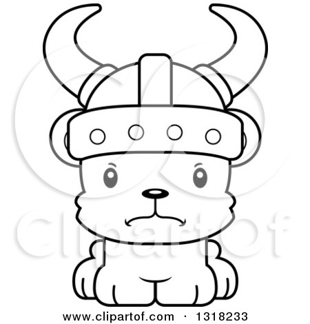 Animal Lineart Clipart of a Cartoon Black and White Cute Mad Bear Cub Viking - Royalty Free Outline Vector Illustration by Cory Thoman