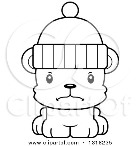 Animal Lineart Clipart of a Cartoon Black and White Cute Mad Bear Cub Wearing a Winter Cap - Royalty Free Outline Vector Illustration by Cory Thoman