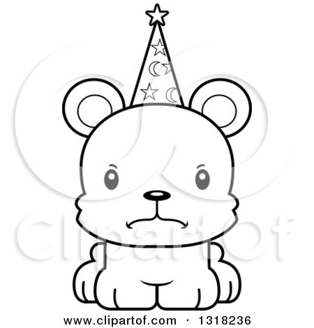 Animal Lineart Clipart of a Cartoon Black and White Cute Mad Bear Cub Wizard - Royalty Free Outline Vector Illustration by Cory Thoman