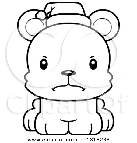 Animal Lineart Clipart of a Cartoon Black and White Cute Mad Christmas Bear Cub - Royalty Free Outline Vector Illustration by Cory Thoman