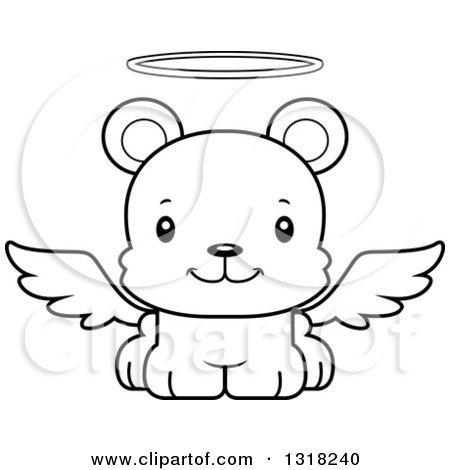 Animal Lineart Clipart of a Cartoon Black and White Cute Happy Angel Bear Cub - Royalty Free Outline Vector Illustration by Cory Thoman