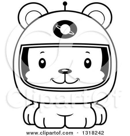 Animal Lineart Clipart of a Cartoon Black and White Cute Happy Bear Cub Astronaut - Royalty Free Outline Vector Illustration by Cory Thoman