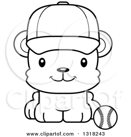 Animal Lineart Clipart of a Cartoon Black and White Cute Happy Bear Cub Wearing a Cap and Sitting by a Baseball - Royalty Free Outline Vector Illustration by Cory Thoman