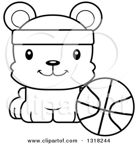 Animal Lineart Clipart of a Cartoon Black and White Cute Happy Bear Cub Wearing a Headband and Sitting by a Basketball - Royalty Free Outline Vector Illustration by Cory Thoman