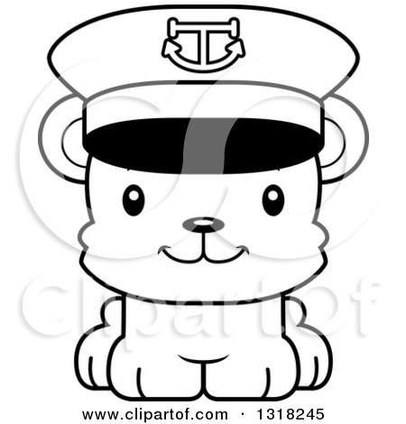 Animal Lineart Clipart of a Cartoon Black and White Cute Happy Bear Cub Captain - Royalty Free Outline Vector Illustration by Cory Thoman