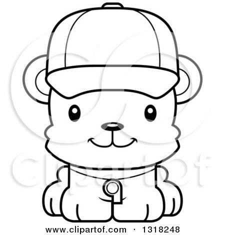 Animal Lineart Clipart of a Cartoon Black and White Cute Happy Bear Cub Coach - Royalty Free Outline Vector Illustration by Cory Thoman