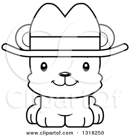 Animal Lineart Clipart of a Cartoon Black and White Cute Happy Bear Cub Wearing a Cowboy Hat - Royalty Free Outline Vector Illustration by Cory Thoman