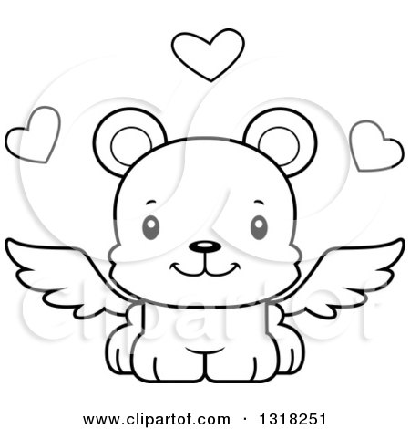 Animal Lineart Clipart of a Cartoon Black and White Cute Happy Bear Cub Cupid - Royalty Free Outline Vector Illustration by Cory Thoman
