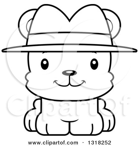 Animal Lineart Clipart of a Cartoon Black and White Cute Happy Bear Cub Detective - Royalty Free Outline Vector Illustration by Cory Thoman