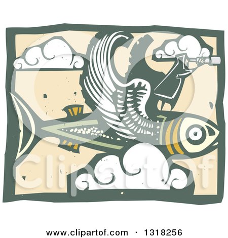 Clipart of a Woodcut Man Looking Through a Telescope and Standing on a Flying Fish in the Sky with Clouds - Royalty Free Vector Illustration by xunantunich