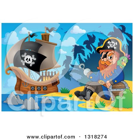Clipart of a Cartoon Pirate Ship Sailing with a Jolly Roger Flag and a Pirate Sitting with a Parrot and Treasure on an Island Beach - Royalty Free Vector Illustration by visekart