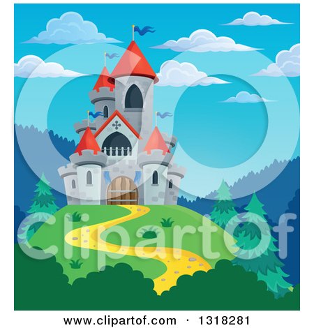 Clipart of a Gray Stone Castle with Red Turrets, on a Hill Top Against Blue Sky - Royalty Free Vector Illustration by visekart