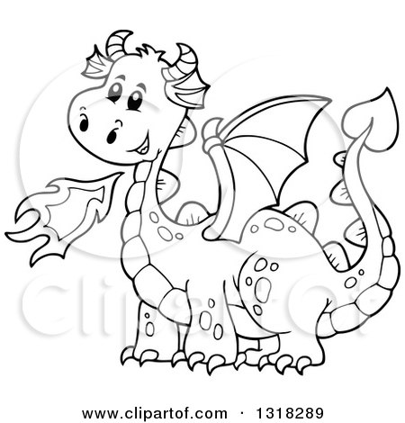 Lineart Clipart of a Black and White Fire Breathing Dragon - Royalty Free Outline Vector Illustration by visekart