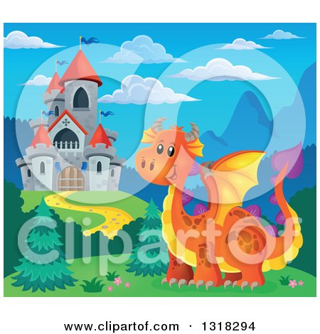 Clipart of a Gray Stone Castle with Red Turrets and an Orange Dragon During the Day - Royalty Free Vector Illustration by visekart