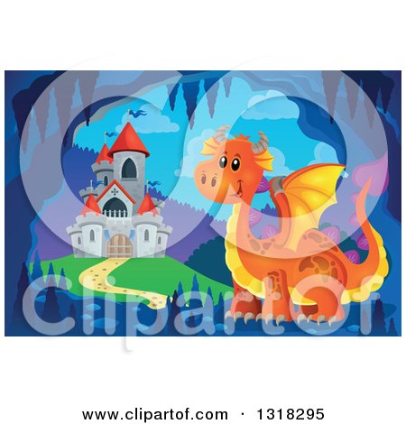 Clipart of a Gray Stone Castle with Red Turrets and an Orange Dragon in a Cave - Royalty Free Vector Illustration by visekart