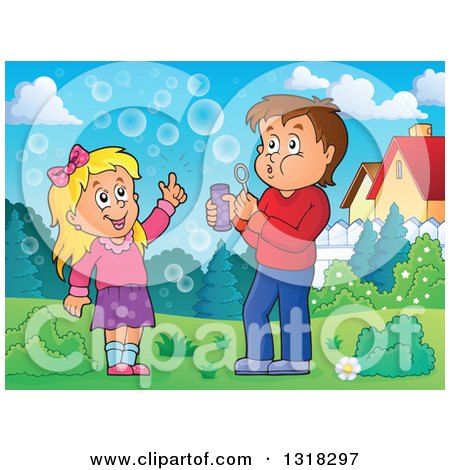 Clipart of a Cartoon Caucasian Boy and Girl Blowing Bubbles in a Park - Royalty Free Vector Illustration by visekart