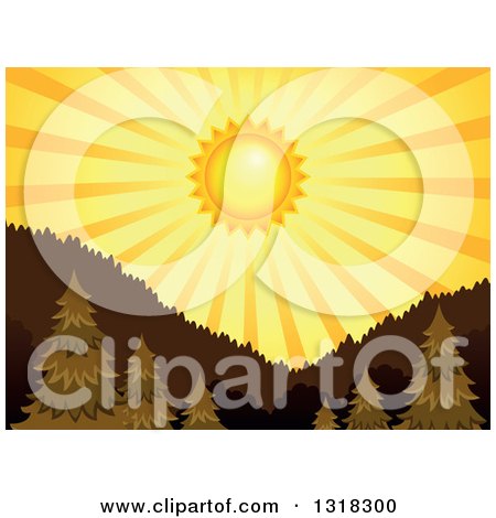 Clipart of a Shining Orange Sunset Sun and Rays over Trees and Mountains - Royalty Free Vector Illustration by visekart