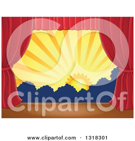Clipart of a Stage Setting of the Sun and Silhouetted Shrubs Framed with Red Drapes 4 - Royalty Free Vector Illustration by visekart