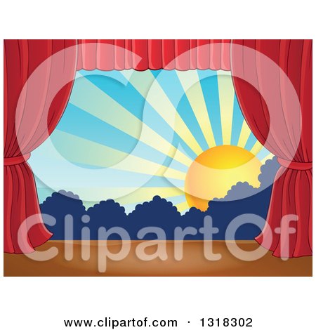 Clipart of a Stage Setting of the Sun and Silhouetted Shrubs Framed with Red Drapes 5 - Royalty Free Vector Illustration by visekart