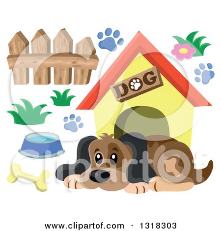 Clipart of a Cartoon Dog Resting by His House with Accessories - Royalty Free Vector Illustration by visekart