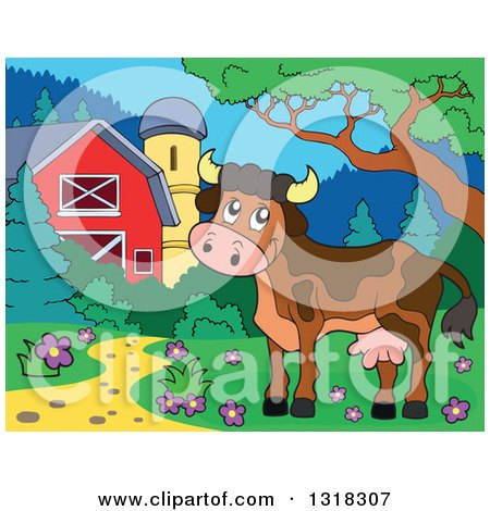 Clipart of a Cartoon Brown Cow in a Yard by a Barn and Silo, During the Day - Royalty Free Vector Illustration by visekart