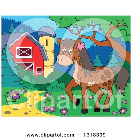 Clipart of a Cartoon Brown Horse in a Yard by a Barn and Silo, During the Day - Royalty Free Vector Illustration by visekart