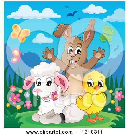 Clipart of a Cartoon Spring Chick, Lamb and Rabbit with Flowers and Butterflies - Royalty Free Vector Illustration by visekart