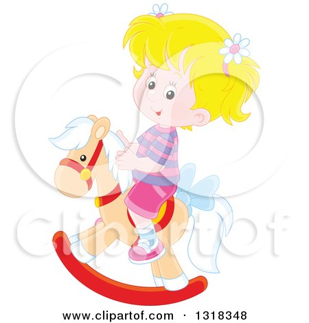 Clipart of a Cartoon Blond Caucasian Girl Playing on a Rocking Horse - Royalty Free Vector Illustration by Alex Bannykh