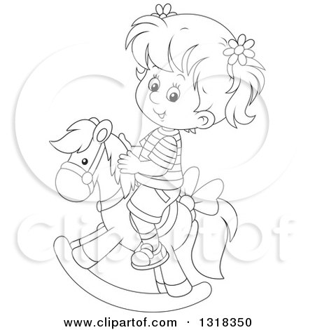 Lineart Clipart of a Cartoon Black and White Girl Playing on a Rocking Horse - Royalty Free Outline Vector Illustration by Alex Bannykh