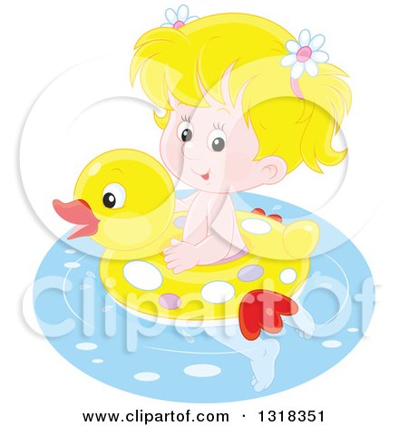 Clipart of a Cartoon Blond Caucasian Girl Swimming with a Duck Inner Tube - Royalty Free Vector Illustration by Alex Bannykh