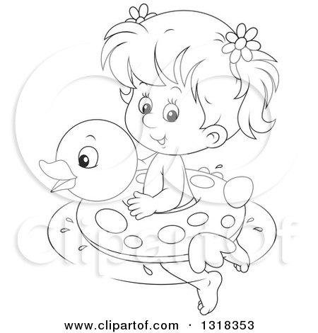 Lineart Clipart of a Cartoon Black and White Girl Swimming with a Duck Inner Tube - Royalty Free Outline Vector Illustration by Alex Bannykh