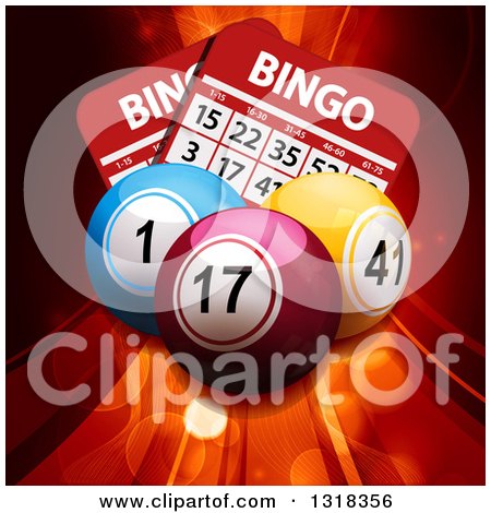 Clipart of 3d Colorful Bingo Balls over Cards, Flares and Swooshes - Royalty Free Vector Illustration by elaineitalia