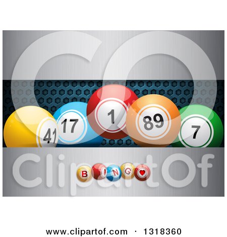 Clipart of 3d Colorful Bingo Balls over Perforated and Brushed Metal - Royalty Free Vector Illustration by elaineitalia