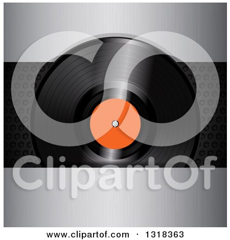 Clipart of a 3d Orange and Black Vinly Record over Brushed and Perforated Metal - Royalty Free Vector Illustration by elaineitalia