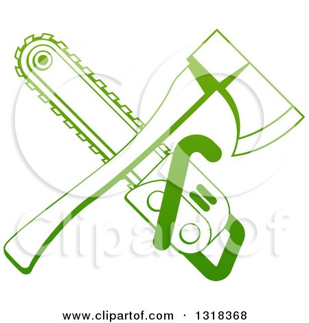 Clipart of a Gradient Green Crossed Tree Surgeon Chainsaw and Axe - Royalty Free Vector Illustration by AtStockIllustration