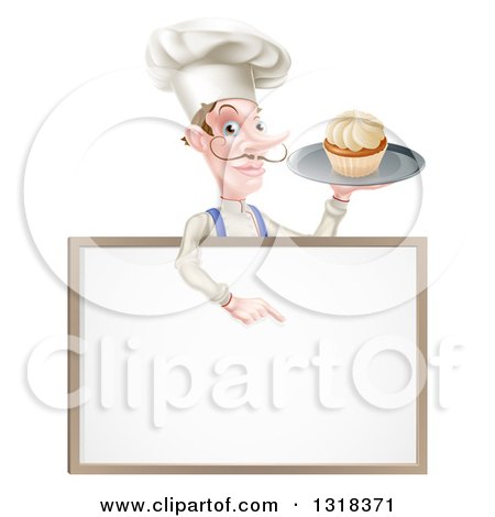 Clipart of a White Male Chef with a Curling Mustache, Holding a Cupcake on a Tray and Pointing down over a Blank Menu Sign - Royalty Free Vector Illustration by AtStockIllustration