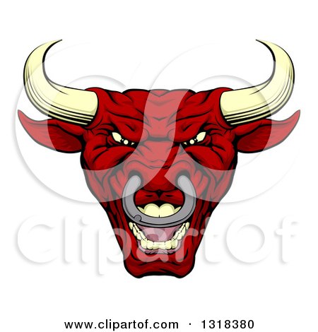 Clipart of a Roaring Mad Red Bull Mascot Head - Royalty Free Vector Illustration by AtStockIllustration